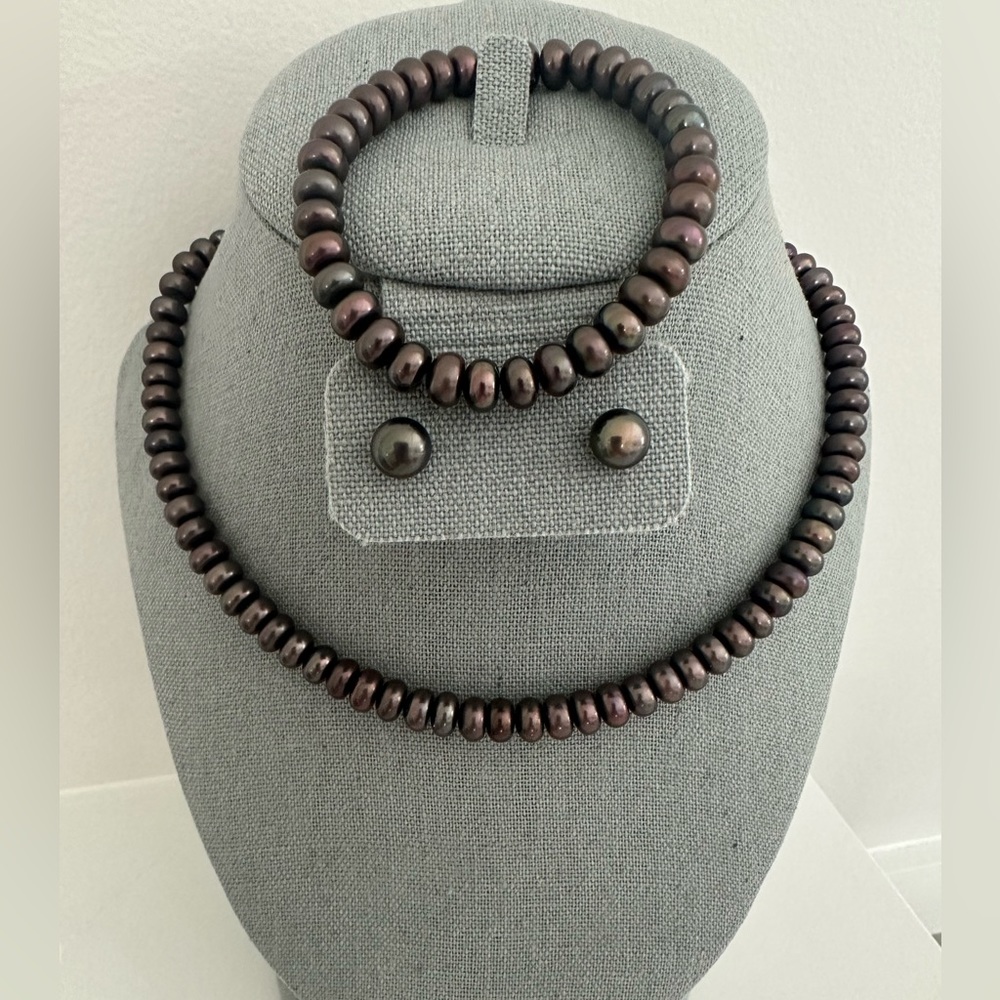 Honora Black Freshwater Pearl Necklace, Stretch Bracelet, and Earrings Set